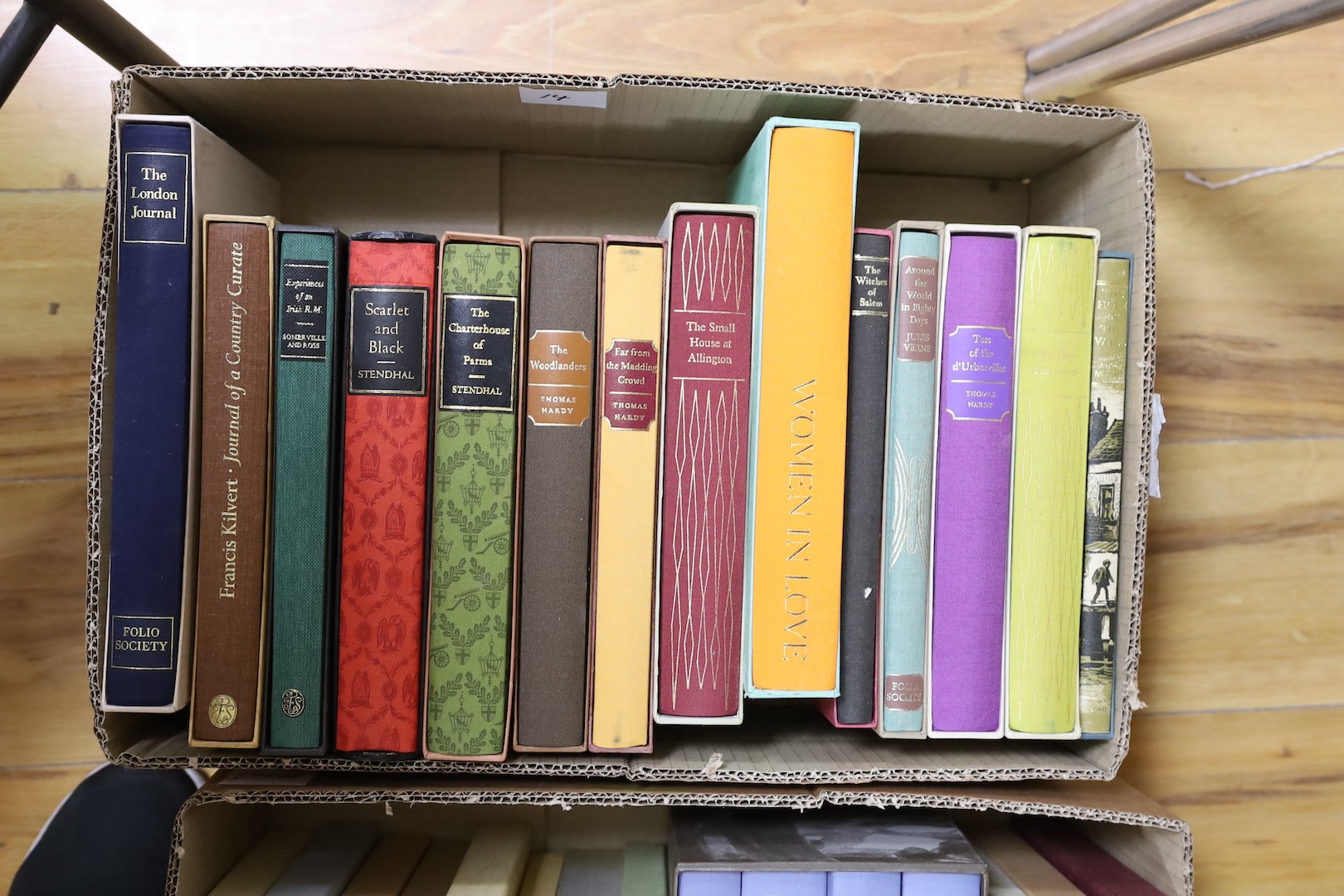 Folio Society - a collection of approximately 69 classics, to include Dickens, Du Maurier, etc., mostly mint, in slip cases, in five boxes.